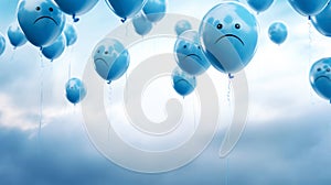 Blue balloons, are filled sadness and unhappiness, with depressed faces float in the rainy sky background. A symbol of the