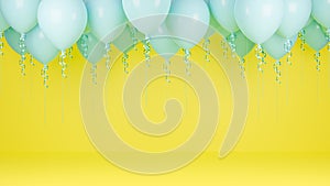 Blue balloons floating in yellow pastel background.birthday party and new year concept. 3d model and illustration