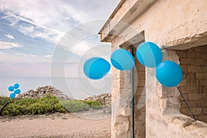 Blue Balloons with Ruined House