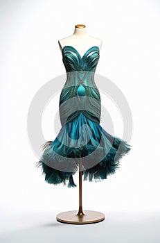 Blue ballroom dance dress on a mannequin.