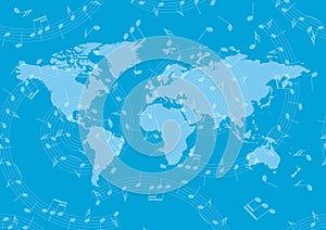 blue banner with swirl of music notes and world map - vector background