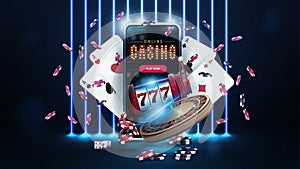 Blue banner with wall of line vertical blue neon lamps on background, smartphone, casino slot machine, Casino Roulette, cards.