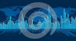 Blue Bar Chart with World Map Overlay and Trend Lines