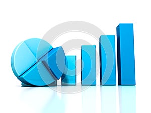 Blue bar and pie graph on reflection.