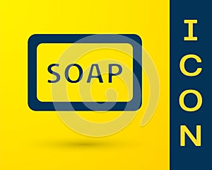 Blue Bar of soap with foam icon isolated on yellow background. Soap bar with bubbles. Vector Illustration