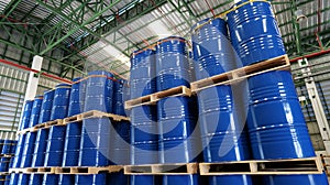 Blue barrel 200 liter chemical drums are stacked on wooden pallets inside the warehouse awaiting delivery. Concept of Chemical