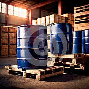 Blue barrel drum for liquid chemical storage in warehouse inventory