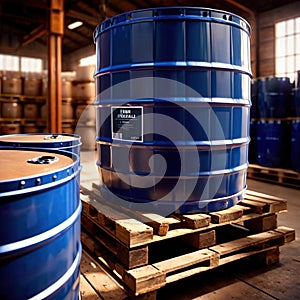 Blue barrel drum for liquid chemical storage in warehouse inventory