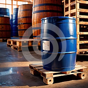 Blue barrel drum for liquid chemical storage in warehouse inventory