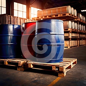 Blue barrel drum for liquid chemical storage in warehouse inventory