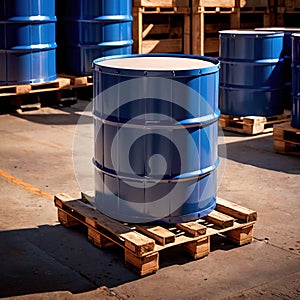 Blue barrel drum for liquid chemical storage in warehouse inventory