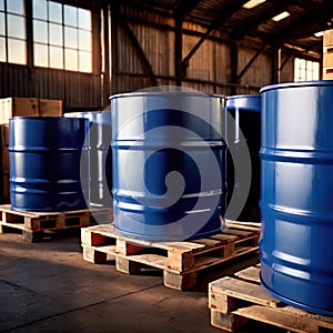 Blue barrel drum for liquid chemical storage in warehouse inventory