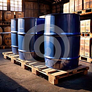 Blue barrel drum for liquid chemical storage in warehouse inventory