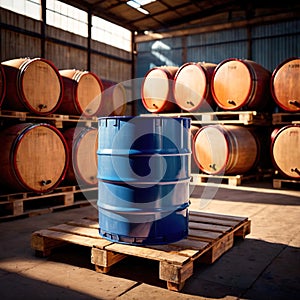 Blue barrel drum for liquid chemical storage in warehouse inventory