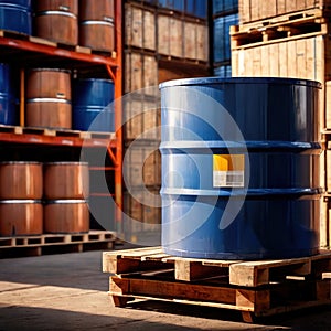 Blue barrel drum for liquid chemical storage in warehouse inventory