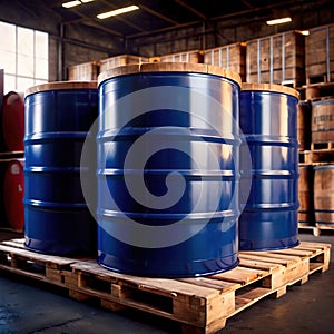 Blue barrel drum for liquid chemical storage in warehouse inventory