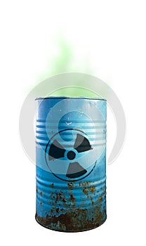 Blue barrel of toxic waste isolated. Acid in barrels. Beware of