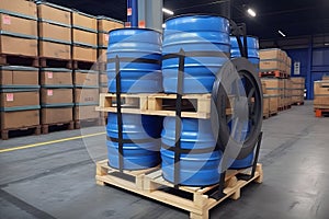 Blue barrels in the warehouse storage. AI Generated
