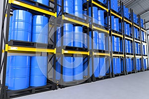Blue barrels in the warehouse, Storage stock, Chemical warehouse