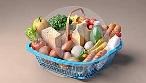 A blue basket filled with various foods such as eggs, bread, bananas, and milk