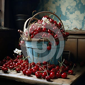 A blue basket full of juicy cherries