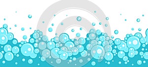 Blue bath foam seamless border. Soap bubbles frame, effervescent suds, fizz shower, water detergent effect, hygiene photo