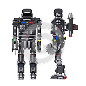 Blue battle robot. Front view. The concept of a combat robot. Missile robot.
