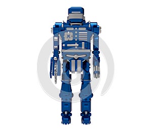 Blue battle robot. Front view. The concept of a combat robot. Missile robot. 3D illustration.