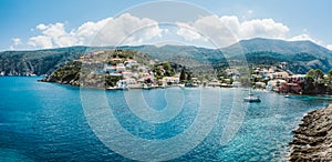 Blue bay of Assos village of Cefalonia island, Greece. Aerial panoramic drone photo travel summer vocation concept