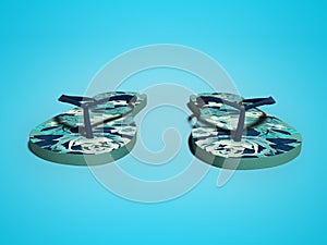 Blue beach slippers front view 3d render on blue background with shadow