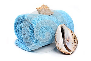 Blue beach towel with seashells