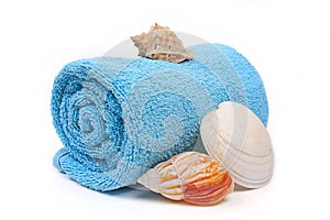 Blue beach towel with seashells