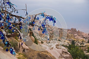 Blue bead worn against the evil eye as talisman hanged on tree in cappadocia on a sunny day. Cappadocia, Uchisar, Turkey