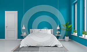 Blue bedroom interior for mockup, 3D rendering