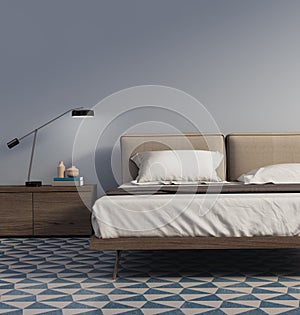 Blue bedroom with table lamp and tiles