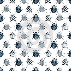 Blue beetle, wild insect, indigo seamless pattern, wild insects, watercolor vintage hand drawing