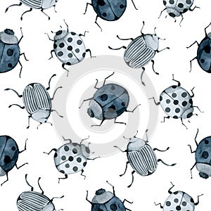 Blue beetle, wild insect, indigo seamless pattern, wild insects, watercolor vintage hand drawing