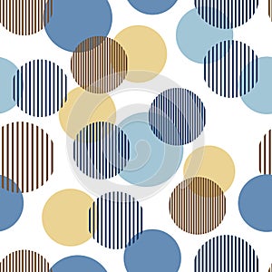 Blue and beige abstract simple striped circles geometric seamless pattern, vector