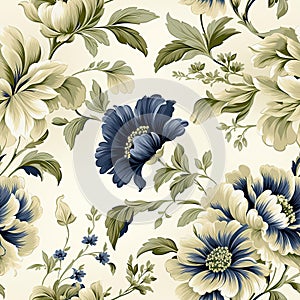 Blue and beige floral pattern with light blue flowers and layered fabrications (tiled) photo