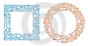 Blue and beige kitchenware in round and quadrate groups - vector photo
