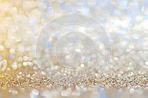 Blue,beige, Silver white abstract light background, shining lights, sparkling glittering Christmas lights. Blurred abstract holida photo