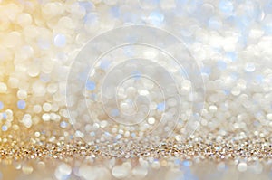 Blue,beige, Silver white abstract light background, shining lights, sparkling glittering Christmas lights. Blurred abstract holida