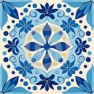 A blue and beige tile with a geometric floral pattern