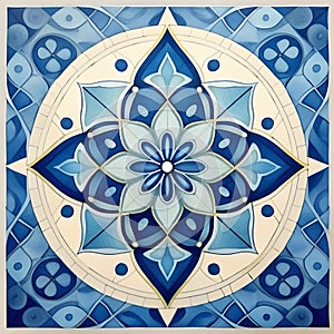 A blue and beige tile with a geometric floral pattern