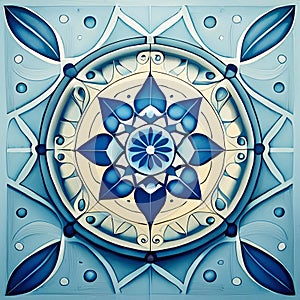 A blue and beige tile with a geometric floral pattern