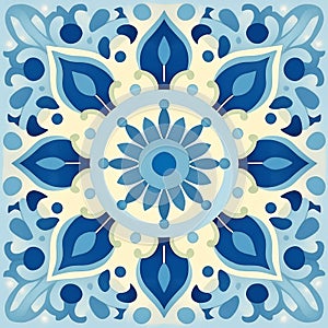 A blue and beige tile with a geometric floral pattern