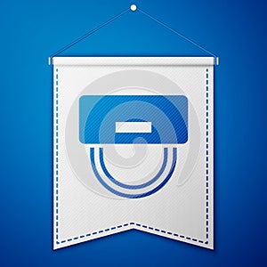 Blue Bellboy hat icon isolated on blue background. Hotel resort service symbol. White pennant template. Vector