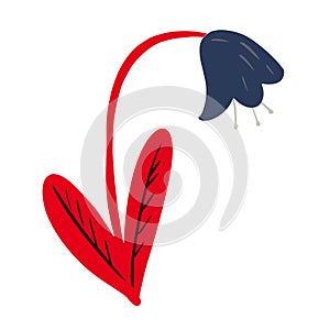 Blue bellflower with red stem isolated on white background. Abstract botanical flower in doodle