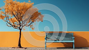 a blue bench next to a tree in front of an orange wall