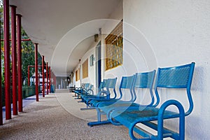 Blue bench in school yard